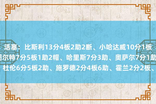 活塞：比斯利13分4板2助2断、小哈达威10分1板1助、丰泰基奥8分、斯图尔特7分5板1助2帽、哈里斯7分3助、奥萨尔7分1助、杜伦6分5板2助、施罗德2分4板6助、霍兰2分2板、康宁汉姆1分1板2助    旅游